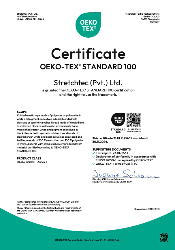 OEKO-TEX Standard 100 Certificate